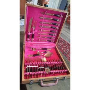 Vintage 29pc Set 1950s Crown Jewelry Siam Buddha Brass Black Handle Flatware Box